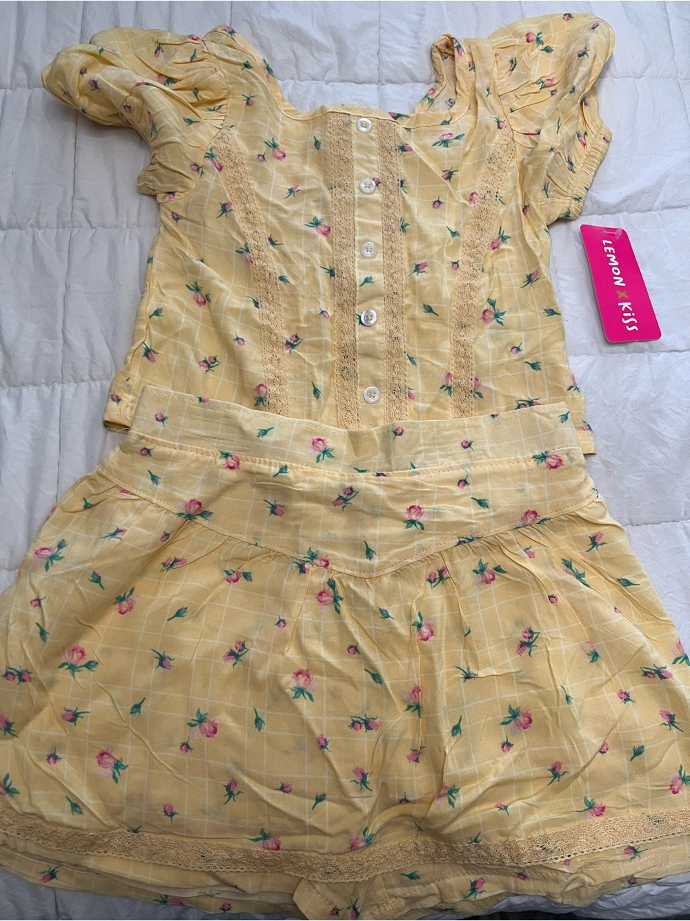 Yellow Floral skort Set with Pink Rose Accents